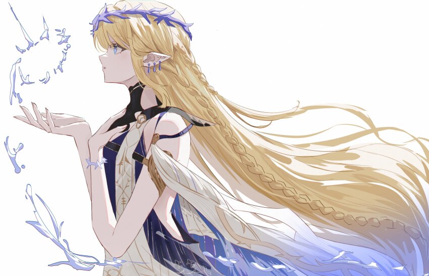1girl bare_shoulders black_collar blonde_hair blue_eyes cartethyia_(wuthering_waves) celly_(mogmog_99) collar commentary crown_of_thorns earrings from_side hand_on_own_chest hand_up highres jewelry long_hair parted_lips pointy_ears profile sidelocks solo upper_body very_long_hair wuthering_waves
