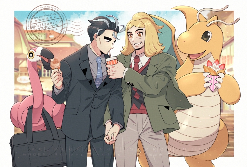 2boys adam&#039;s_apple batabiru bird black_hair black_jacket black_pants blonde_hair blue_necktie blurry blurry_background border collared_shirt crepe dragonite flamigo flamingo food gen_1_pokemon green_jacket grey_pants grey_shirt grin hassel_(pokemon) holding_hands jacket larry_(pokemon) male_focus mature_male multiple_boys necktie nintendo orange_eyes outdoors pants pokemon pokemon_(creature) pokemon_sv sharing_food shirt short_hair smile watermark white_border yaoi