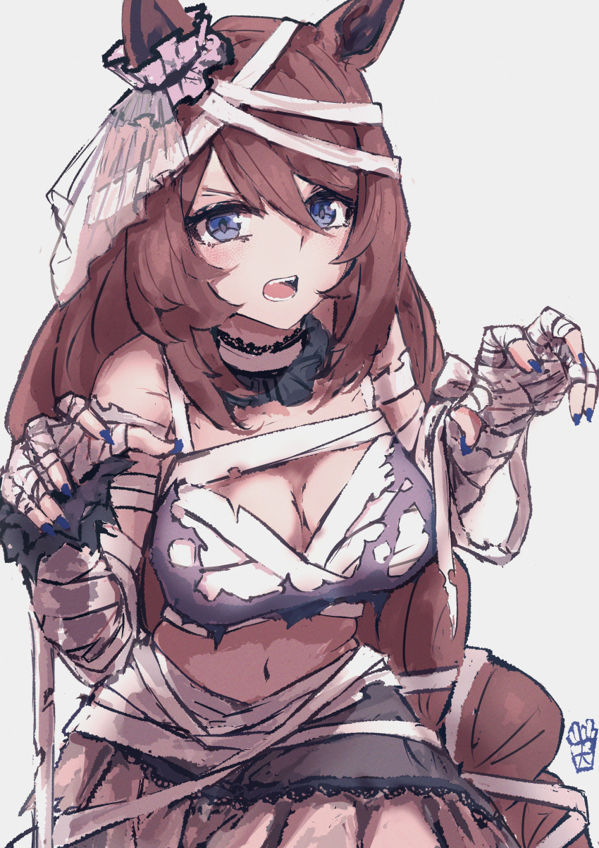 1girl absurdres angry animal_ears bandaged_arm bandaged_hand bandaged_head bandaged_torso bandages bandeau bare_shoulders blue_eyes blue_nails breasts brown_hair chest_sarashi claw_pose cleavage commentary cowboy_shot double-parted_bangs ear_scrunchie frilled_skirt frills grey_background grey_skirt hair_between_eyes highres horse_ears large_breasts layered_skirt long_hair looking_at_viewer low-braided_long_hair low-tied_long_hair mummy_costume nail_polish official_alternate_costume ootato open_mouth outstretched_arms purple_bandeau sarashi simple_background skirt solo super_creek_(chiffon_ribbon_mummy)_(umamusume) super_creek_(umamusume) torn_bandeau umamusume v-shaped_eyebrows veil very_long_hair zombie_pose