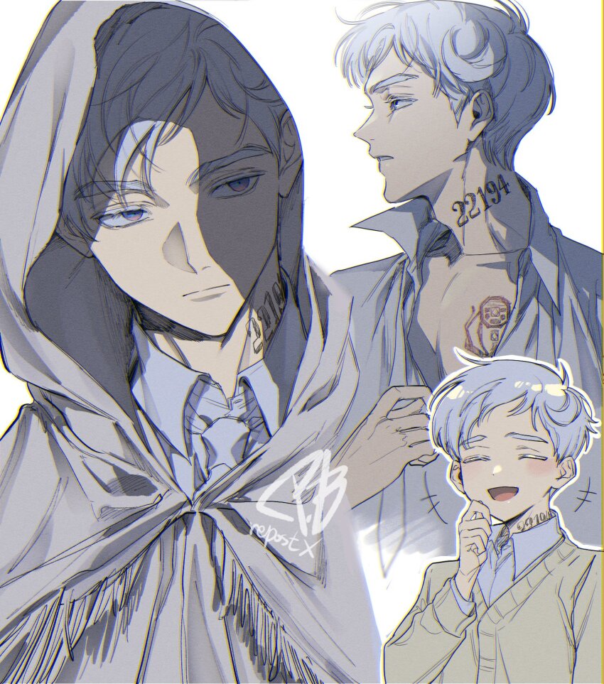 1boy blue_eyes chest_tattoo cloak collarbone collared_shirt highres hood hooded_cloak m_m_pb male_focus neck_tattoo necktie norman_(yakusoku_no_neverland) number_tattoo shirt simple_background solo tattoo upper_body white_background white_cloak white_hair white_necktie white_shirt yakusoku_no_neverland