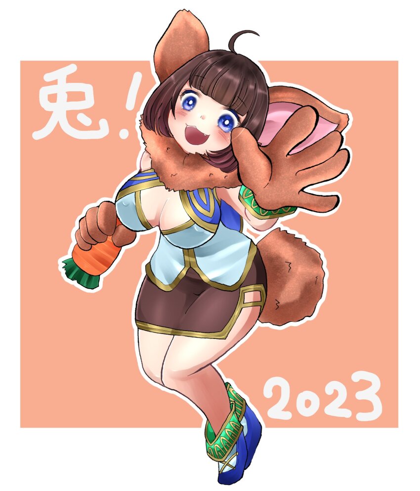1girl 2023 animal_ears blue_eyes blue_shirt boriso bracelet breasts brown_fur brown_hair brown_skirt carrot chrono_cross full_body fur_scarf highres holding holding_carrot janice_(chrono_cross) jewelry looking_at_viewer open_mouth rabbit_ears rabbit_girl rabbit_tail shirt short_hair skirt smile solo tail