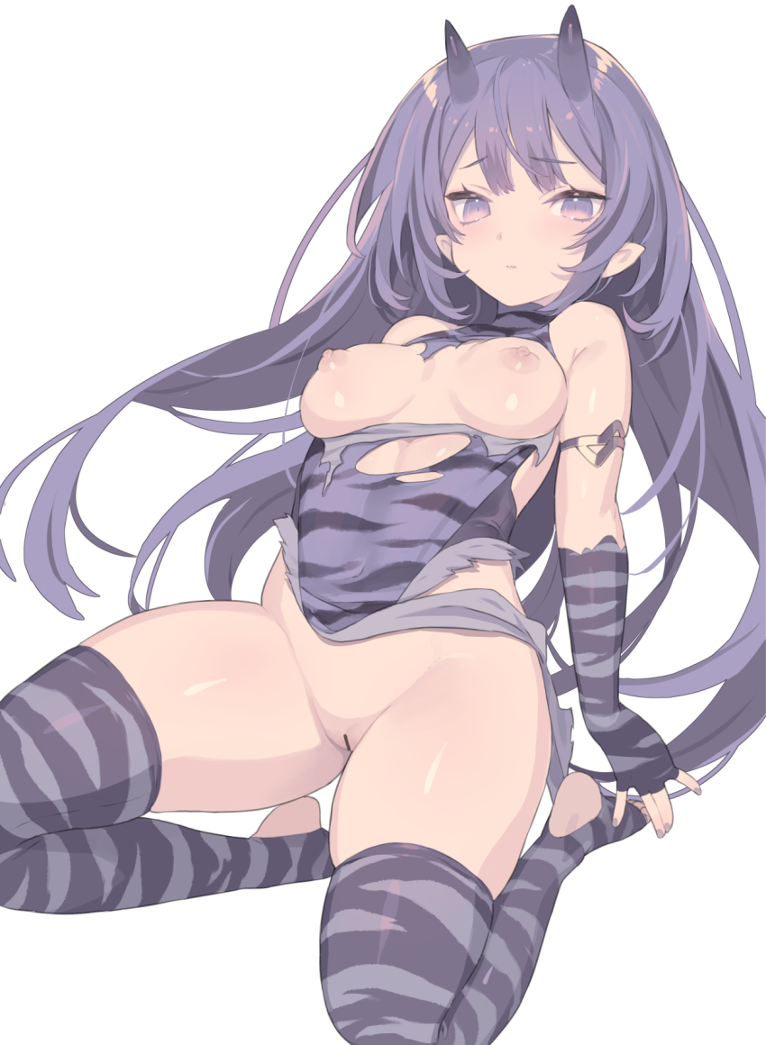 1girl animal_print bar_censor blade_(galaxist) blue_eyes blue_hair breasts censored closed_mouth fingerless_gloves gloves highres horns kneeling leotard long_hair looking_at_viewer medium_breasts nipples oni_horns original print_gloves print_leotard pussy setsubun simple_background solo thighs tiger_print torn_clothes torn_leotard white_background
