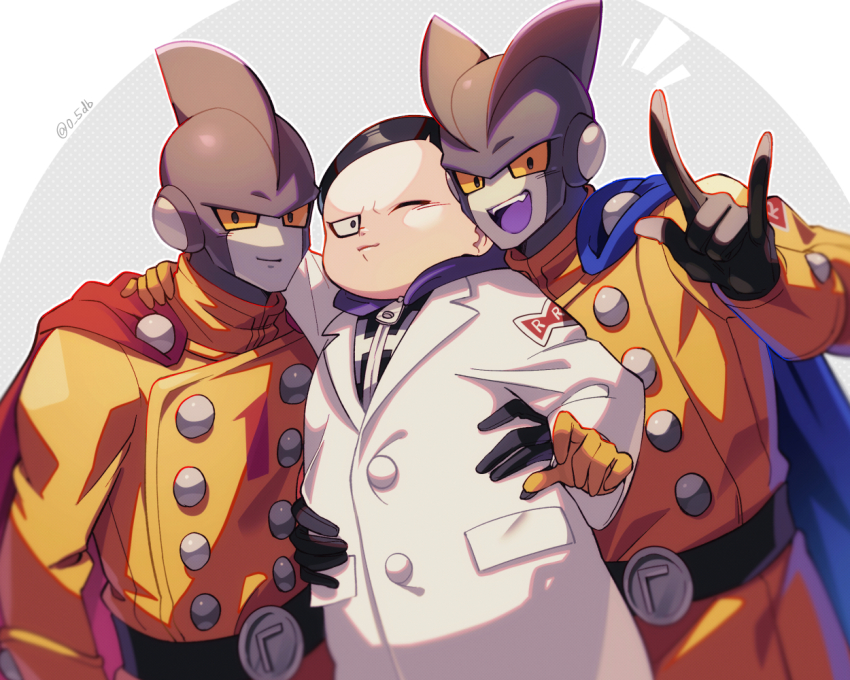 3boys :d ;) \m/ arm_around_waist black_gloves black_hair blue_cape cape closed_mouth colored_sclera colored_skin colored_tongue commentary_request dr._hedo dragon_ball dragon_ball_super dragon_ball_super_super_hero gamma_1 gamma_2 gloves grey_background grey_skin hand_on_another&#039;s_shoulder hand_up happy hood hood_down jacket lab_coat long_sleeves looking_at_viewer male_focus multiple_boys one_eye_closed open_mouth purple_tongue red_cape red_ribbon_army short_hair smile teeth tongue twitter_username two-tone_background upper_teeth_only white_background yellow_gloves yellow_jacket yellow_sclera zero-go zipper_pull_tab