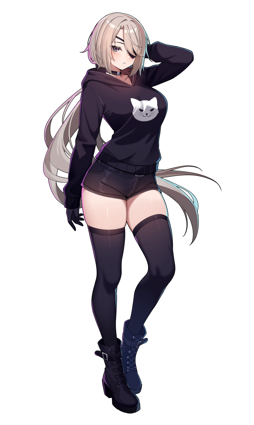 1girl abs absurdres arm_belt bare_shoulders belt belt_collar blonde_hair boots breasts chest_belt collar commission commissioner_upload crop_top elbow_gloves eyelashes eyepatch gloves grey_eyes hair_over_one_eye hair_ribbon hand_in_own_hair highres large_breasts long_bangs long_hair looking_at_viewer lydia_macarthur muscular muscular_female navel non-web_source original ponytail ribbon scar shorts sleeveless solo thighhighs thighs transparent_background wayanfa