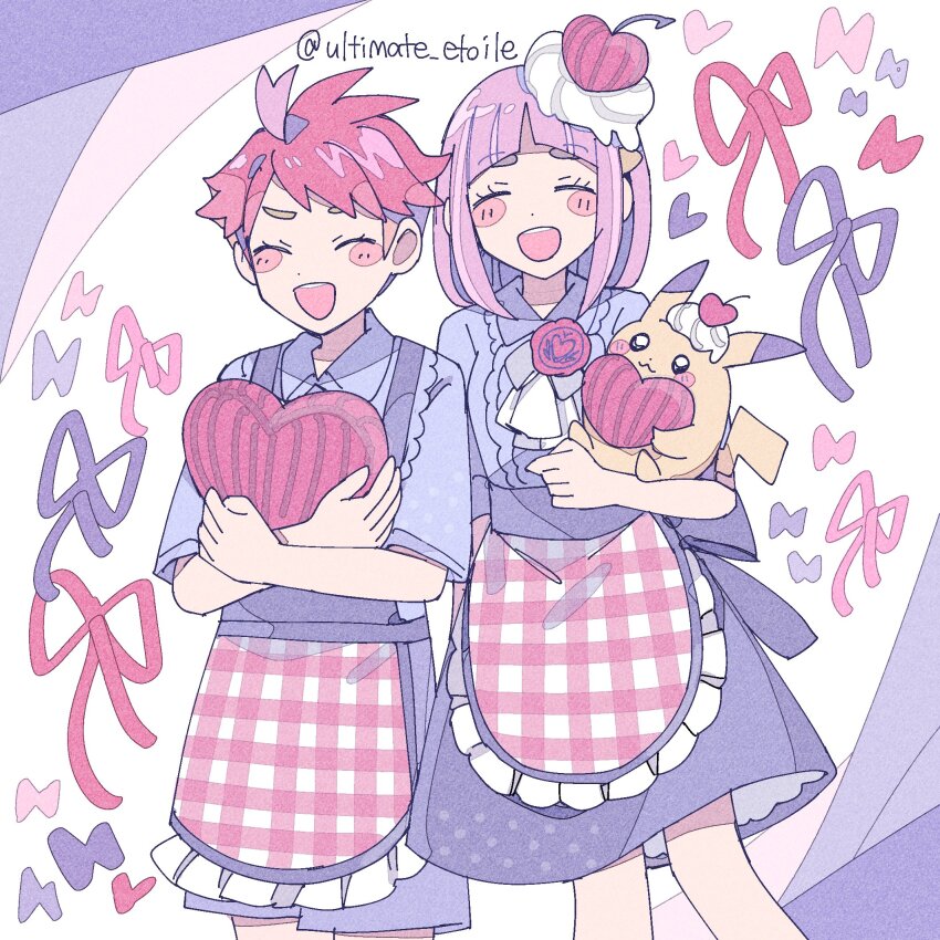 1boy 1girl :3 :d ahoge alternate_costume apron arched_bangs ascot blush_stickers bow box cherry_hair_ornament closed_eyes collared_shirt crispin_(pokemon) food-themed_hair_ornament gen_1_pokemon hair_ornament hairclip heart-shaped_box highres lacey_(pokemon) looking_at_viewer multicolored_hair nintendo open_mouth orange_hair pikachu pink_apron pink_hair pokemon pokemon_(creature) pokemon_sv purple_bow purple_shirt purple_shorts purple_skirt red_hair remoooon shirt short_hair shorts simple_background skirt smile standing two-tone_hair upper_body waist_apron wax_seal whipped_cream white_ascot white_background yellow_fur