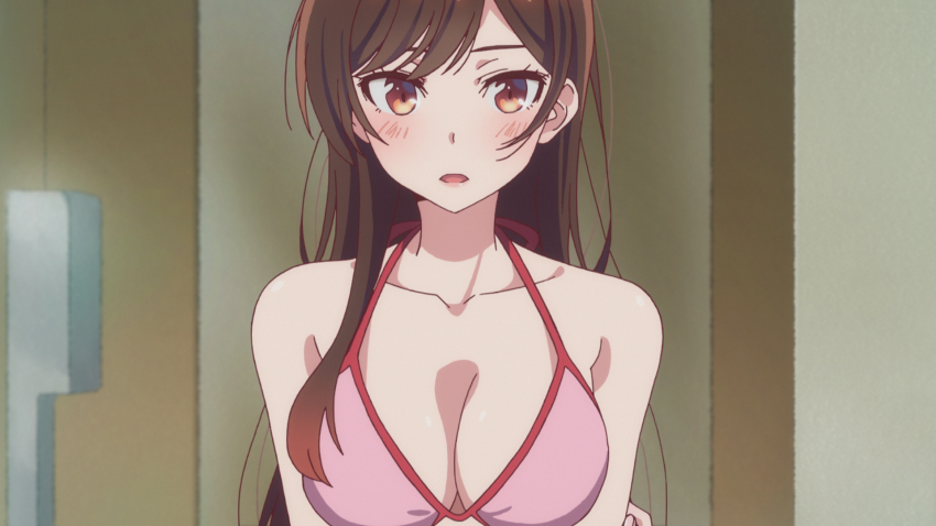 1girl anime_screenshot bare_shoulders bikini blush breasts brown_eyes brown_hair cleavage collarbone highres kanojo_okarishimasu large_breasts long_hair looking_at_viewer mizuhara_chizuru official_art open_mouth pink_bikini solo swept_bangs swimsuit upper_body