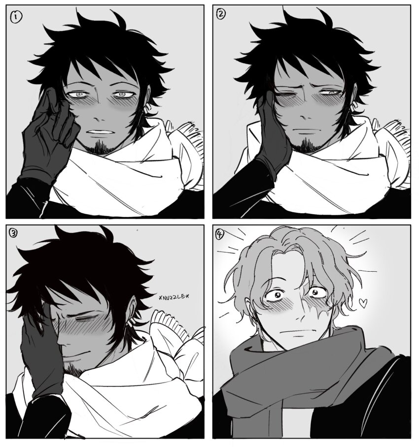 2boys blush burn_scar closed_eyes closed_mouth coat commentary couple earrings english_commentary facial_hair full-face_blush gloves goatee hand_on_another&#039;s_cheek hand_on_another&#039;s_face heart highres jewelry long_sleeves looking_at_another male_focus monochrome multiple_boys nuzzle one_eye_closed one_piece parted_lips sabo_(one_piece) scar scar_across_eye scar_on_face scarf shirt short_hair teeth trafalgar_law xve009 yaoi