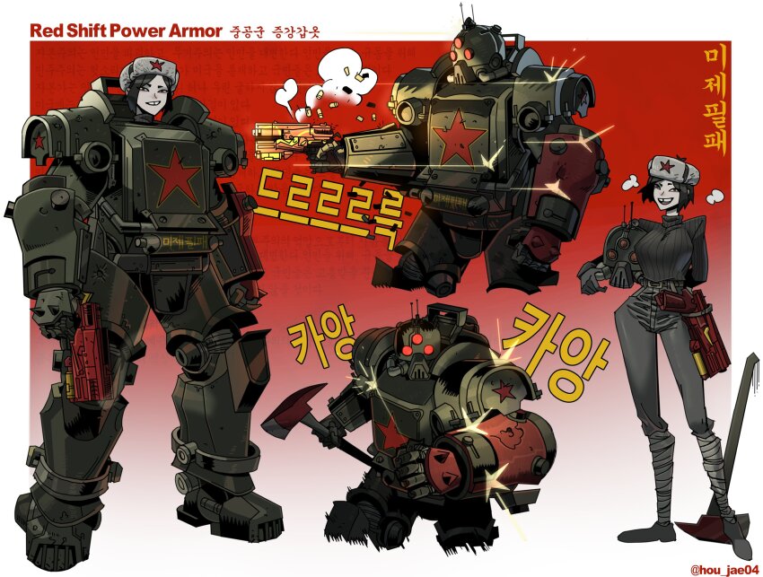 1girl armor axe black_hair chinese_text fallout fallout_76 fire_axe firing gun handgun hat helmet highres ho-uja leg_wrap missing_tooth people&#039;s_liberation_army power_armor red_background red_star short_hair signature solo sparks spiked_gauntlets star_(symbol) sweater ushanka weapon white_background