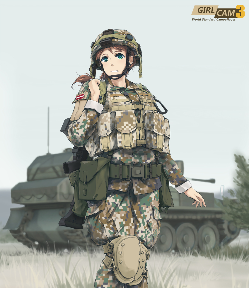 1girl assault_rifle belt blurry brown_hair camouflage carabiner caterpillar_tracks chin_strap copyright_name depth_of_field female_focus grass green_eyes grin gun h&amp;k_g36 happy heckler_&amp;_koch helmet highres knee_pads latvia latvian_flag load_bearing_vest long_hair looking_to_the_side m109_howitzer military military_uniform military_vehicle motor_vehicle original outdoors ponytail pouch rifle self-propelled_gun sky smile soldier solo tank tanto_(tc1995) tree walking weapon