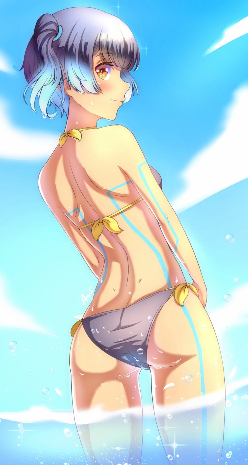 1girl anisdrawn ass bare_shoulders bikini blue_sky breasts butt_crack cloud from_behind highres medium_hair sena_(xenoblade) side_ponytail sky swimsuit water xenoblade_chronicles_(series) xenoblade_chronicles_3 yellow_eyes