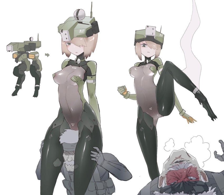 angry bad_id bad_twitter_id between_thighs bigsharkuncle blonde_hair blush breasts cameltoe character_request facial_hair heavy_breathing highres mecha_musume medium_breasts metal_gear_(series) metal_gear_solid_4:_guns_of_the_patriots mustache old_snake personification short_hair steaming_body