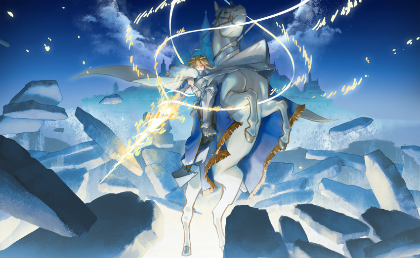 1girl absurdres ahoge armor armored_dress artoria_pendragon_(fate) artoria_pendragon_(lancer)_(fate) blonde_hair braid breastplate cape cloak crown dress expressionless fate/grand_order fate_(series) french_braid fur-trimmed_cape fur-trimmed_cloak fur_trim gauntlets glowing glowing_weapon green_eyes hair_between_eyes highres holding holding_weapon horse horseback_riding lance lion_king_(lancer)_(fate) looking_at_viewer polearm rhongomyniad_(fate) riding shizuno_shizumu sidelocks solo weapon