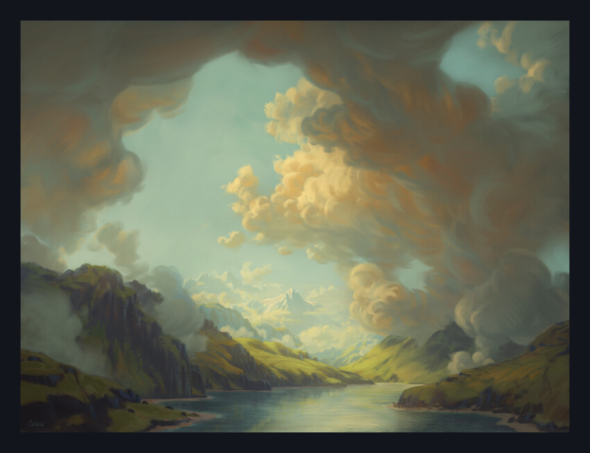 absurdres black_border blue_sky border cloud cloudy_sky commentary day english_commentary highres lake landscape mountain no_humans original outdoors philipp_urlich scenery signature sky