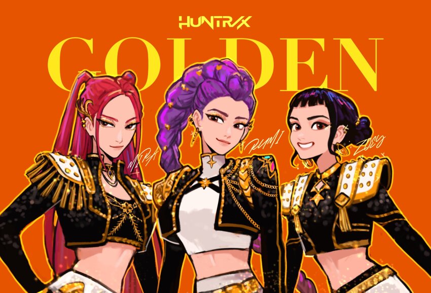 3girls black_hair black_jacket braid brown_eyes crop_top double_bun earrings eyeshadow glitter glitter_makeup gold_eyeshadow hair_bun halterneck highres jacket jewelry kpop_demon_hunters long_hair long_sleeves looking_at_viewer makeup mira_(kpop_demon_hunters) multiple_girls open_clothes open_jacket orange_background pink_hair purple_hair rumi_(kpop_demon_hunters) sethkiel shirt single_braid smile solo two_side_up upper_body very_long_hair white_shirt zoey_(kpop_demon_hunters)