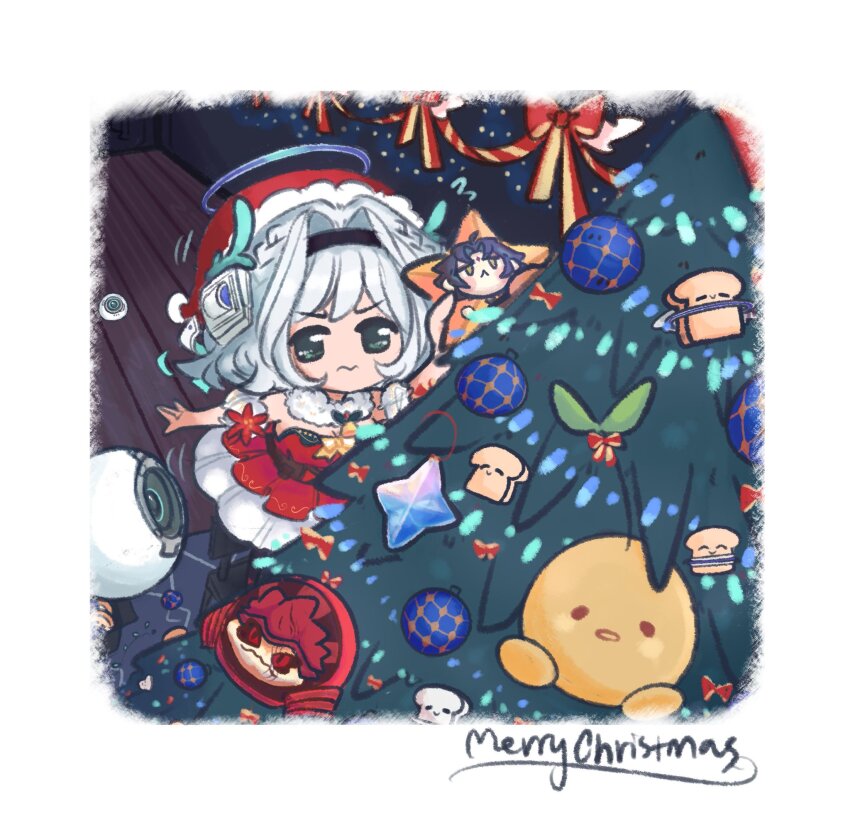 1girl bread bread_slice chibi christmas_ornaments christmas_tree commission detached_collar dress facial_mark food forehead_mark fur_trim genshin_impact hairband halo hat highres kamishiro_rita krogan mass_effect_(series) mechanical_halo merry_christmas patchiwell prism_project santa_costume santa_dress santa_hat second-party_source strapless strapless_dress urdnot_wrex virtual_youtuber xiao_(genshin_impact)