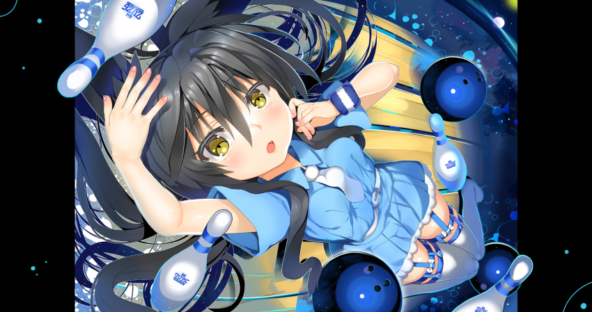 1girl arm_up ball black_hair blush bowling_ball bowling_pin char female_focus highres long_hair looking_at_viewer lying necktie on_back open_mouth original short_sleeves skirt solo wristband yellow_eyes