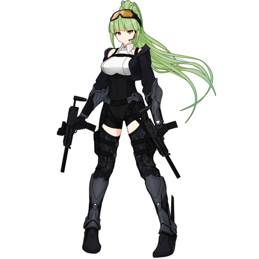1girl azur_lane bare_shoulders black_boots black_gloves boots breasts en_go_(kuro_nigiri) eyewear_on_head full_body gloves green_hair gun h&amp;k_mp7 high_ponytail highres holding holding_gun holding_weapon long_hair looking_at_viewer medium_breasts orange-tinted_eyewear orange_eyes ponytail shropshire_(azur_lane) simple_background solo submachine_gun tinted_eyewear transparent_background very_long_hair weapon