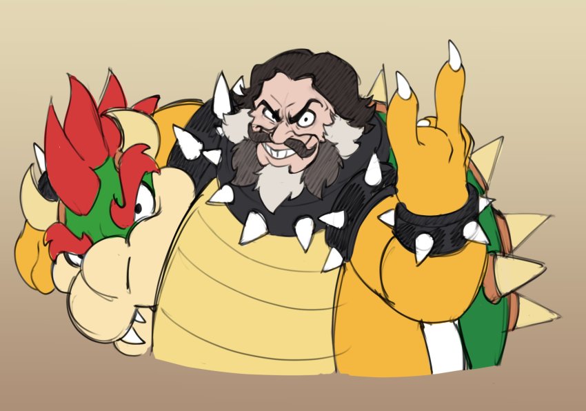 1boy :d armlet beard black_eyes black_hair bowser bowser_(cosplay) bracelet brown_background collar cosplay costume crazy_eyes dare_(daredemon7000) facial_hair grin highres jack_black jewelry looking_at_viewer male_focus mario_(series) mustache nintendo open_mouth real_life short_hair simple_background sketch smile solo spiked_armlet spiked_bracelet spiked_collar spikes the_super_mario_bros._movie upper_body v-shaped_eyebrows