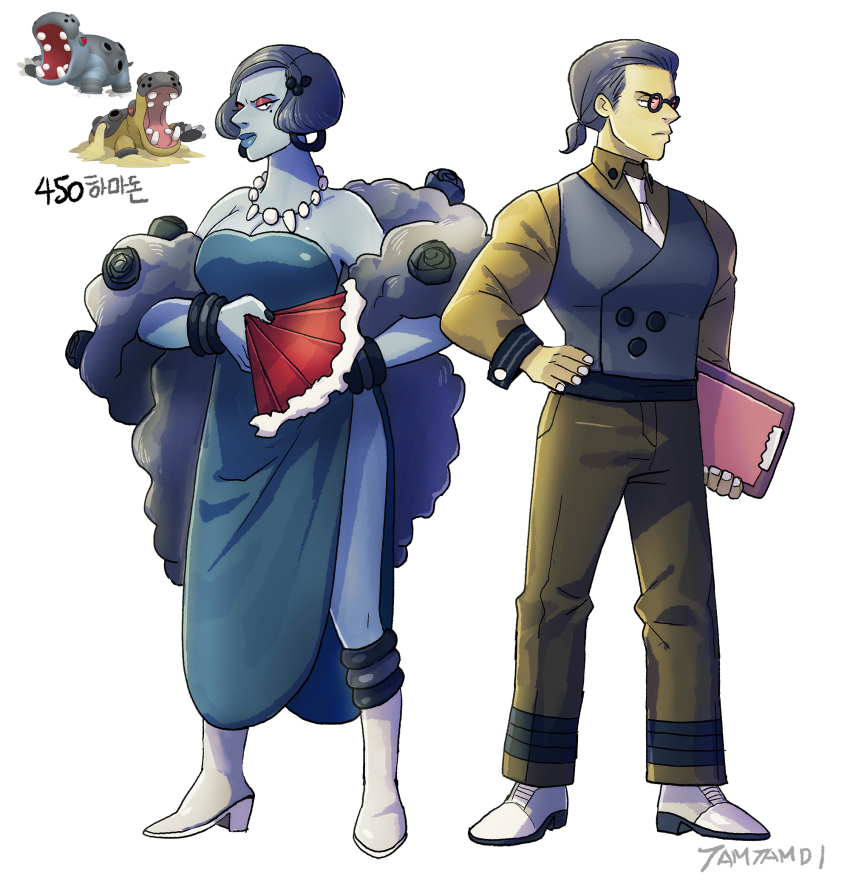 1boy 1girl blue_skin brown_pants brown_shirt clipboard closed_mouth colored_skin creature_and_personification feather_boa full_body game_freak gen_4_pokemon grey_hair grey_vest hand_fan highres hippowdon holding holding_clipboard holding_fan jewelry long_sleeves looking_at_viewer mole mole_under_eye necklace necktie nintendo pants personification pokemon pokemon_(creature) red-tinted_eyewear reference_inset round_eyewear shirt side_slit tamtamdi tinted_eyewear translated vest white_footwear white_necktie