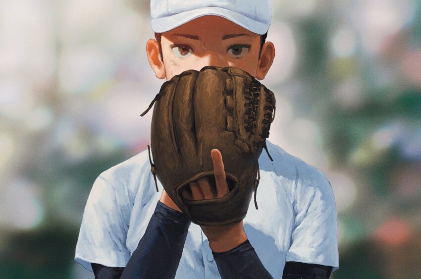 1boy baseball_cap baseball_glove baseball_uniform blurry blurry_background brown_eyes calpis film_grain hat layered_sleeves long_sleeves looking_at_viewer male_focus mole mole_under_eye o_kizo official_art shirt short_hair short_over_long_sleeves short_sleeves simple_background solo sportswear sweat upper_body very_short_hair white_hat white_shirt