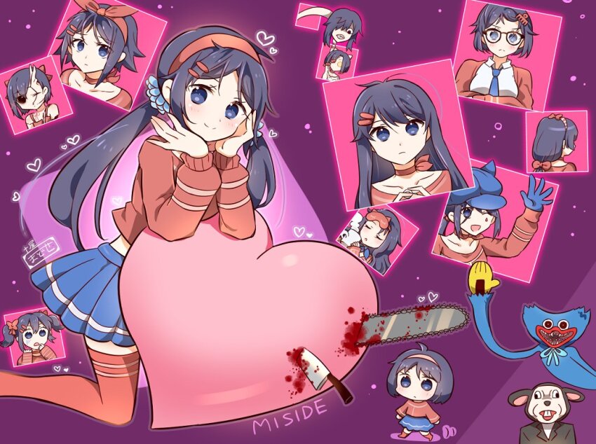 1girl 2d_mita_(miside) blue_eyes blue_hair blue_skirt chibi_mita_(miside) choker cool_mita_(miside) core_mita_(miside) crazy_mita_(miside) ghostly_mita_(miside) hair_ornament hairband hairclip huggy_wuggy kind_mita_(miside) long_hair long_sleeves looking_at_viewer mila_(miside) miside mita_(miside) pleated_skirt poppy_playtime red_choker red_shirt red_thighhighs shirt short-haired_mita_(miside) skirt sleepy_mita_(miside) smile thighhighs tiny_mita_(miside) tsuchiya_madose