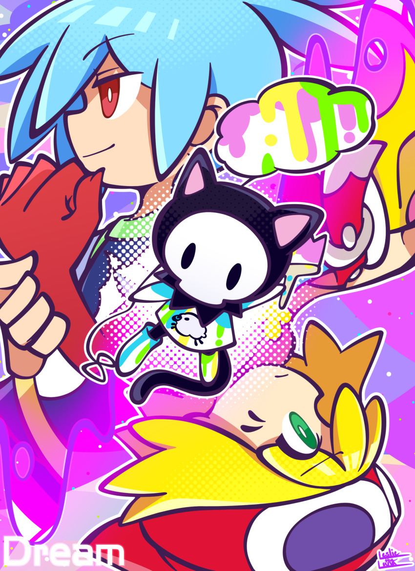 1boy 1girl amitie_(puyopuyo) blonde_hair blue_hair bright_pupils closed_mouth creature from_side green_eyes hand_on_own_arm hat highres leslietheluna light_frown light_smile meena_(puyopuyo) multicolored_background outline profile puyopuyo puyopuyo_puzzle_pop red_eyes red_hat rotational_symmetry sig_(puyopuyo) signature white_outline white_pupils