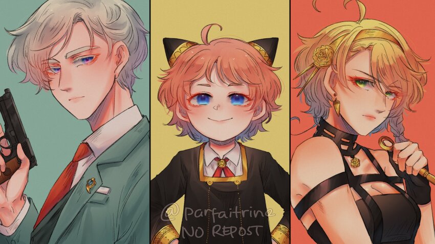 1boy 2girls anya_(spy_x_family) anya_(spy_x_family)_(cosplay) black_dress blue_eyes blush closed_mouth cosplay dress earrings eden_academy_school_uniform emma_(yakusoku_no_neverland) formal_clothes green_eyes green_jacket green_suit grey_hair gun hairpods handgun highres holding holding_gun holding_weapon jacket jewelry long_sleeves multiple_girls necktie norman_(yakusoku_no_neverland) orange_hair original parfaitrine red_necktie school_uniform short_hair spy_x_family suit twilight_(spy_x_family) twilight_(spy_x_family)_(cosplay) weapon yakusoku_no_neverland yor_briar yor_briar_(cosplay)