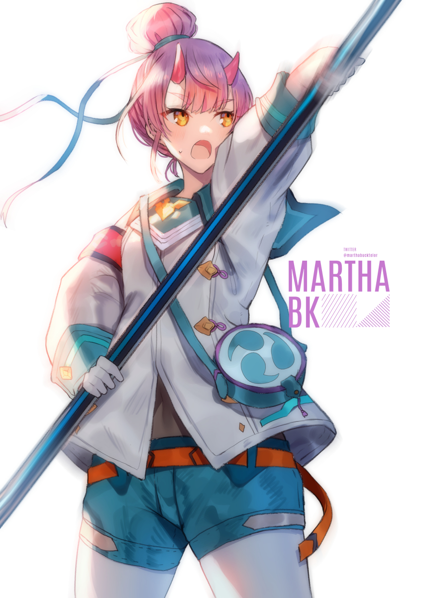 1girl absurdres arm_up blue_shorts commentary_request covered_navel cowboy_shot fiona_(xenoblade) gloves hair_bun hair_ribbon highres holding horns pantyhose_under_shorts long_sleeves looking_away looking_to_the_side marthabucks open_mouth pantyhose pink_hair puffy_long_sleeves puffy_sleeves ribbon shirt short_eyebrows short_shorts shorts simple_background single_glove solo standing sweat thick_eyebrows tomoe_(symbol) twitter_username white_background white_gloves white_pantyhose white_ribbon white_shirt xenoblade_chronicles_(series) xenoblade_chronicles_3 yellow_eyes