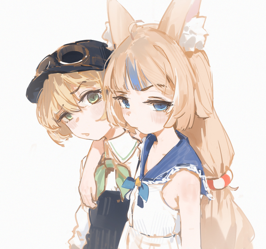 2girls ahoge animal_ear_fluff animal_ears arm_over_shoulder blonde_hair blue_eyes blue_hair blue_hat blue_overalls blue_sailor_collar blunt_bangs cat_ears chest_bow collared_shirt commentary dino_(dinoartforame) dooby_(vtuber) dress english_commentary flat_chest frilled_shirt_collar frills goggles goggles_on_headwear green_eyes hat highres indie_virtual_youtuber long_hair looking_at_viewer low_twintails mouse_girl multicolored_hair multiple_girls overalls sailor_collar sameko_saba shirt short_hair simple_background sleeveless sleeveless_dress streaked_hair twintails virtual_youtuber white_background white_dress white_shirt
