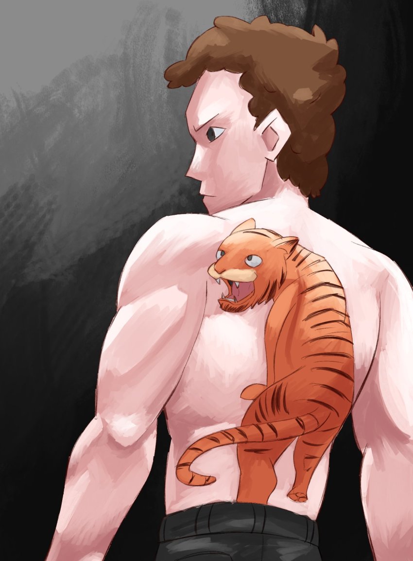 1boy arktoons back_tattoo black_background black_eyes black_pants brown_hair cat commission crossover curly_hair fangs gradient_background grey_background highres irezumi jon_arbuckle male_focus pants parody reference_work ryuu_ga_gotoku_(series) serious short_hair simple_background solo style_parody tattoo tiger topless_male