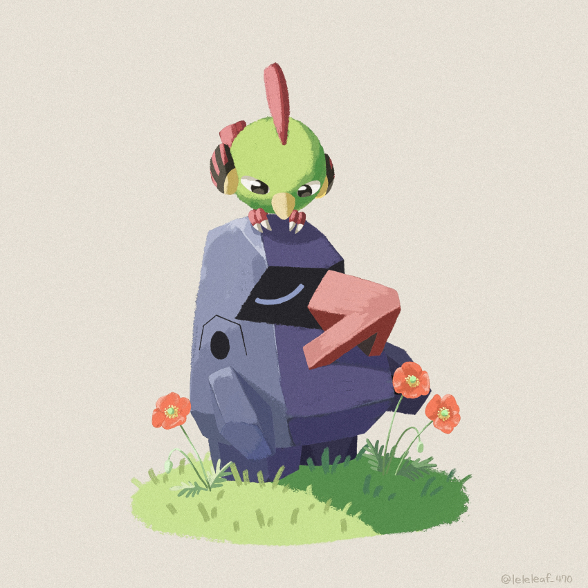 black_eyes check_flower closed_eyes flower flower_request full_body gen_2_pokemon gen_3_pokemon grass grey_background highres leaf_(pixiv17652941) looking_down natu nintendo nosepass orange_flower outdoors peony_(flower) perching pokemon pokemon_(creature) twitter_username