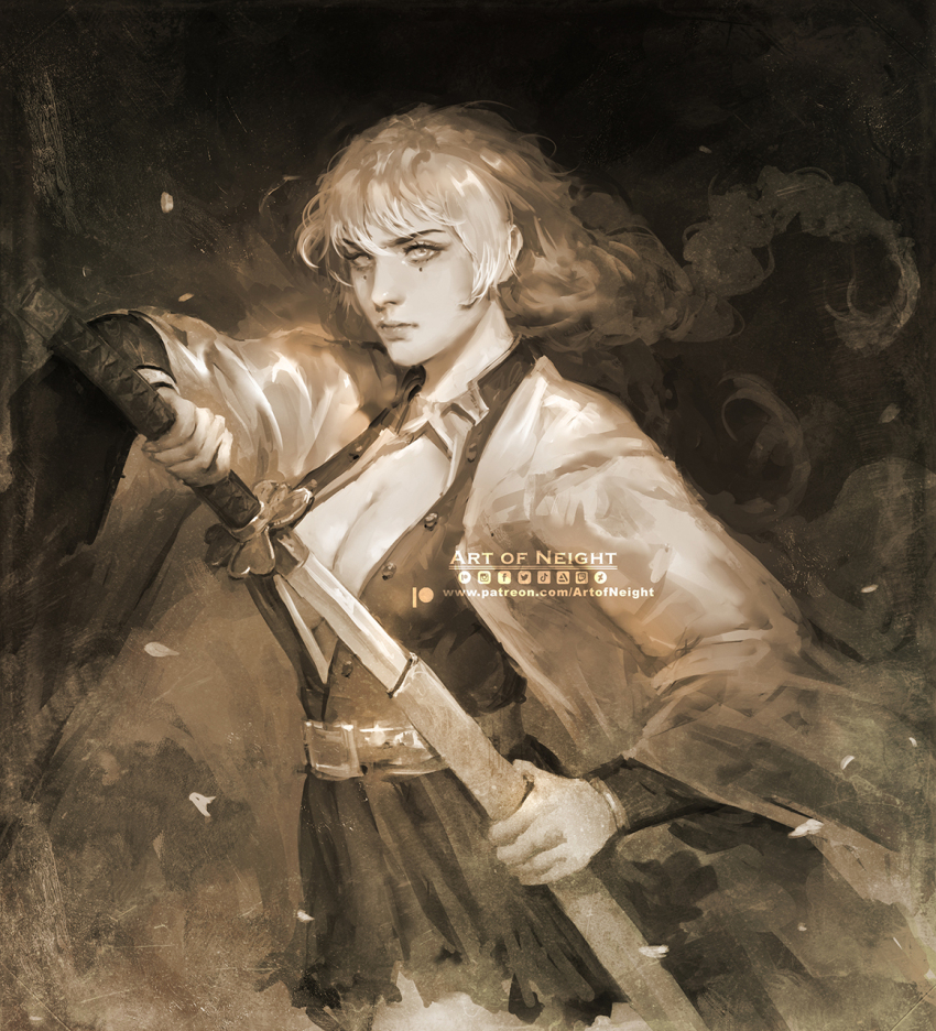1girl art_of_neight artist_name artstation_logo braid braided_ponytail breasts cleavage cleavage_cutout clothing_cutout commentary cowboy_shot demon_slayer_uniform deviantart_logo english_commentary facebook_logo greyscale haori highres holding holding_sheath holding_sword holding_weapon instagram_logo japanese_clothes kanroji_mitsuri katana kimetsu_no_yaiba large_breasts miniskirt mole_under_each_eye mole_under_eye monochrome multiple_moles patreon_logo sepia serious sheath skirt solo sword tiktok_logo torn_clothes torn_skirt twitch_logo twitter_logo unsheathing watermark weapon web_address
