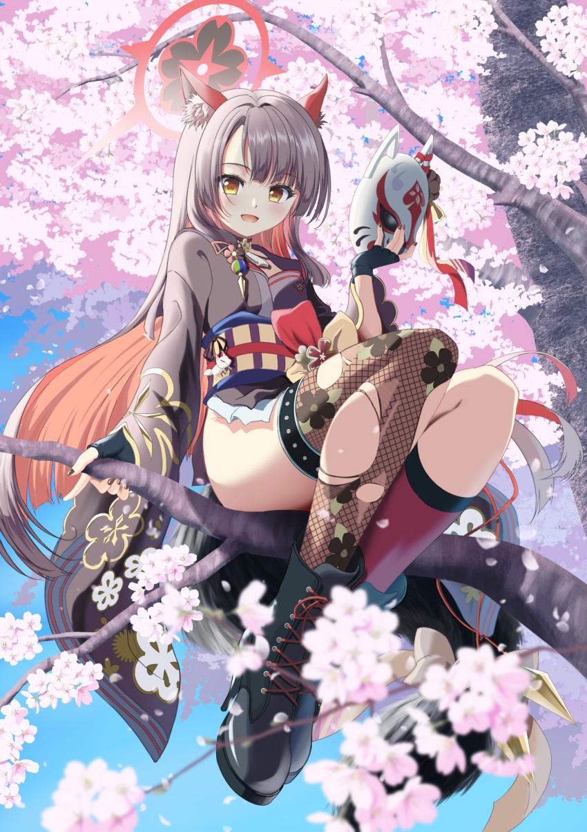 1girl animal_ears black_hair black_kimono black_nails blue_archive boots cherry_blossoms commentary commentary_request fishnets fox_ears fox_girl fox_tail halo highres holding holding_mask in_tree japanese_clothes kagura_hiromu kimono looking_at_viewer mask unworn_mask multicolored_hair nail_polish open_mouth red_hair sitting sitting_in_tree smile solo tail thighs tree two-tone_hair wakamo_(blue_archive) yellow_eyes