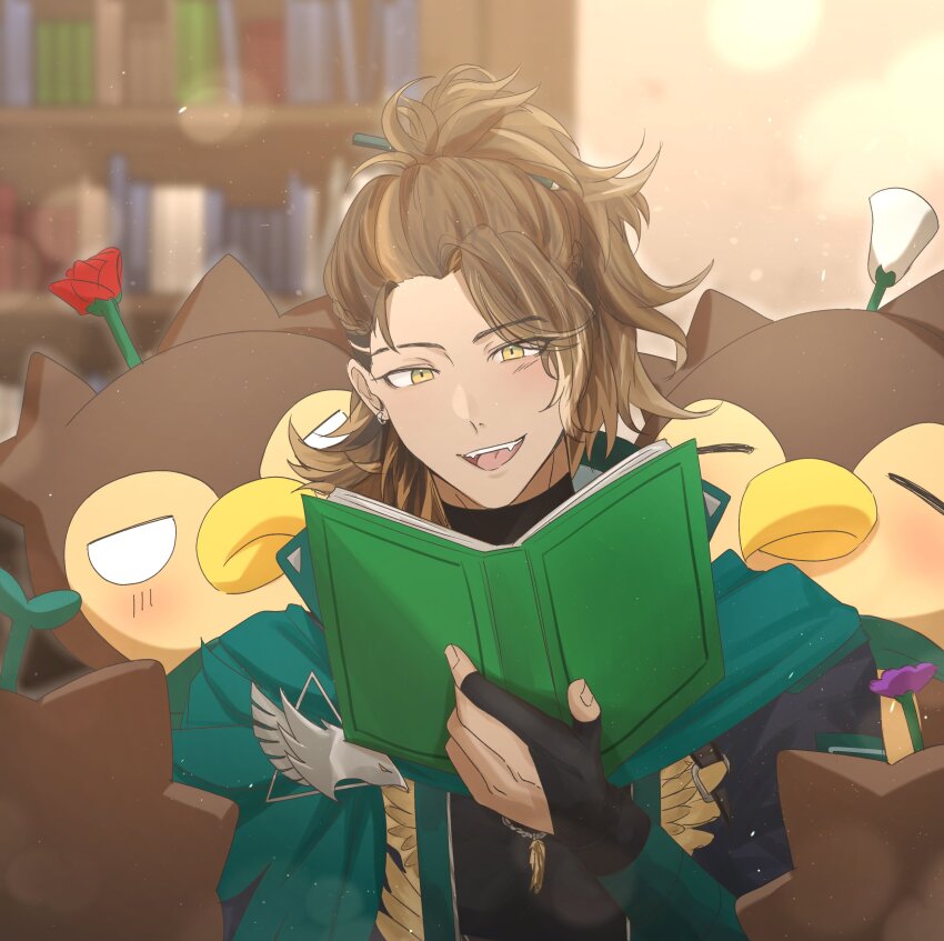 1boy absurdres bird black_gloves black_shirt book bookshelf brown_hair bubby_(goldbullet) dark-skinned_male dark_skin fangs fingerless_gloves flower flower_on_head gloves goldbullet green_scarf highres holding holding_book holostars holostars_english indoors jacket lens_flare light_blush male_focus open_book open_clothes open_jacket open_mouth pencil pencil_in_hair plant_on_head ponytail purple_flower reading red_flower red_rose rose saaki_haruno scarf shirt smile sprout sprout_on_head upper_body virtual_youtuber wavy_hair white_flower yellow_eyes