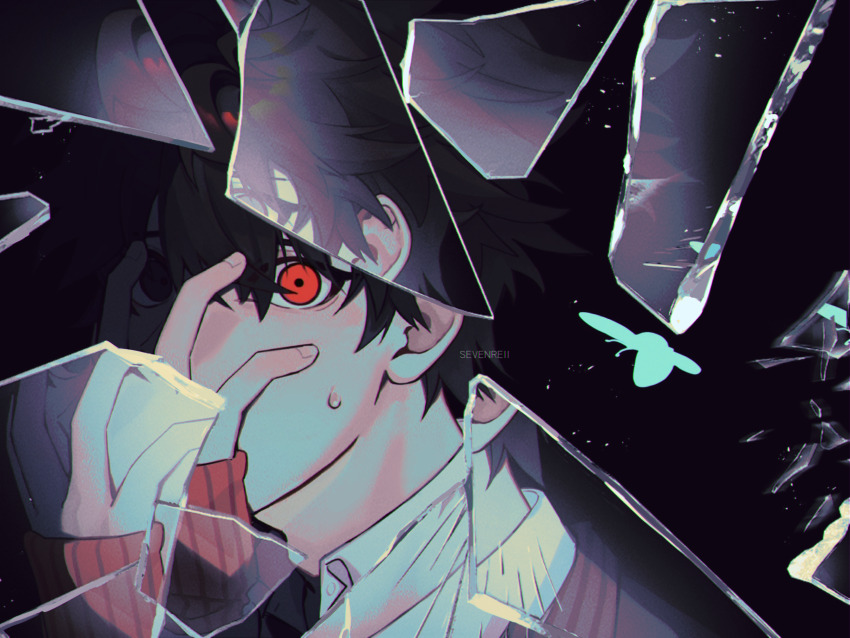 1boy ai_the_somnium_files ai_the_somnium_files:_nirvana_initiative artist_name black_background black_hair blue_butterfly broken_glass bug butterfly collared_shirt fingerless_gloves glass glass_shards gloves hand_on_own_face highres insect looking_at_viewer male_focus nanarei7 orange_gloves partially_shaded_face red_eyes reflection ryuki_kuruto shirt short_hair solo sweatdrop white_shirt