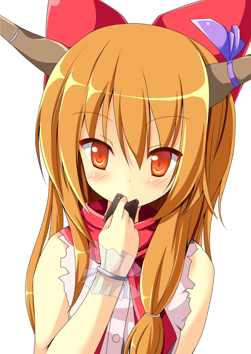 1girl absurdres blush bow chocolate closed_mouth commentary_request cookie_(touhou) cuffs eating hair_between_eyes hair_bow highres horns ibuki_suika long_hair looking_at_viewer orange_eyes orange_hair red_bow red_scarf scarf shirt simple_background sleeveless sleeveless_shirt solo szk touhou upper_body white_background white_shirt yamin_(cookie)
