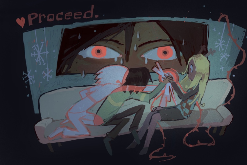 1other 2girls ani_(sproutbox02) antlers blonde_hair brown_hair checkered_clothes checkered_vest commentary couch deer_antlers deer_girl deltarune english_commentary furry furry_female grabbing_another&#039;s_hand green_shirt heart highres horns kris_(deltarune) long_hair long_sleeves multiple_girls noelle_holiday on_couch red_eyes shirt short_hair sitting snowflakes spoilers striped_clothes striped_shirt sweat thorns vest weird_route_(deltarune)