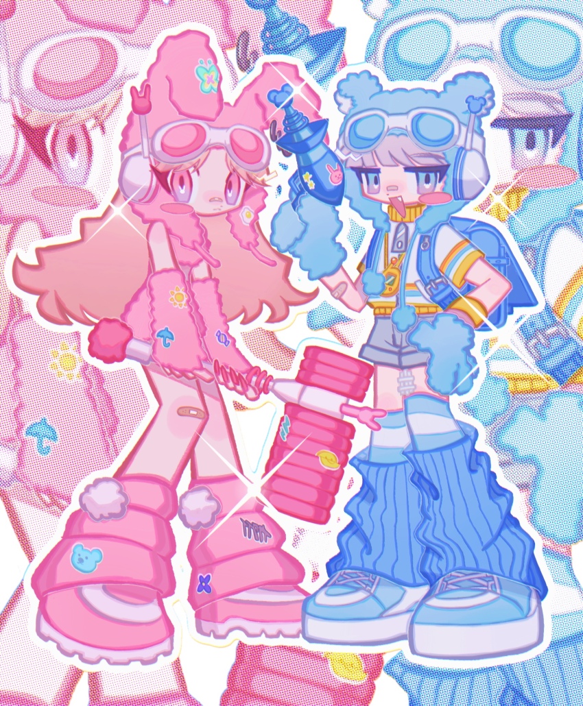 1boy 1girl animal_hands animal_hat backpack bag bandaid bandaid_on_face bandaid_on_knee bandaid_on_leg bandaid_on_nose bear_hat blue_bag blue_eyes blue_footwear blue_gloves blue_leg_warmers blush_stickers candy crop_top cute_weapon cyber_fashion energy_gun eyelashes fang food gloves goggles goggles_on_head gradient_eyes grey_eyes grey_shorts hammer hand_on_own_hip hat headset highres holding holding_hammer holding_ray_gun jacket leg_warmers long_hair looking_at_viewer midriff multicolored_eyes open_mouth original outline paw_gloves pink-tinted_eyewear pink_arm_warmers pink_eyes pink_hair pink_hat pink_leg_warmers pink_nails pink_shoes pink_skirt pom_pom_(clothes) purple_eyes rabbit_hat randoseru ray_gun shoes short_hair shorts skirt smile sneakers socks standing sticker striped_clothes striped_socks sun_symbol tinted_eyewear trap weapon white_hair white_jacket white_outline yappari zipper zoom_layer