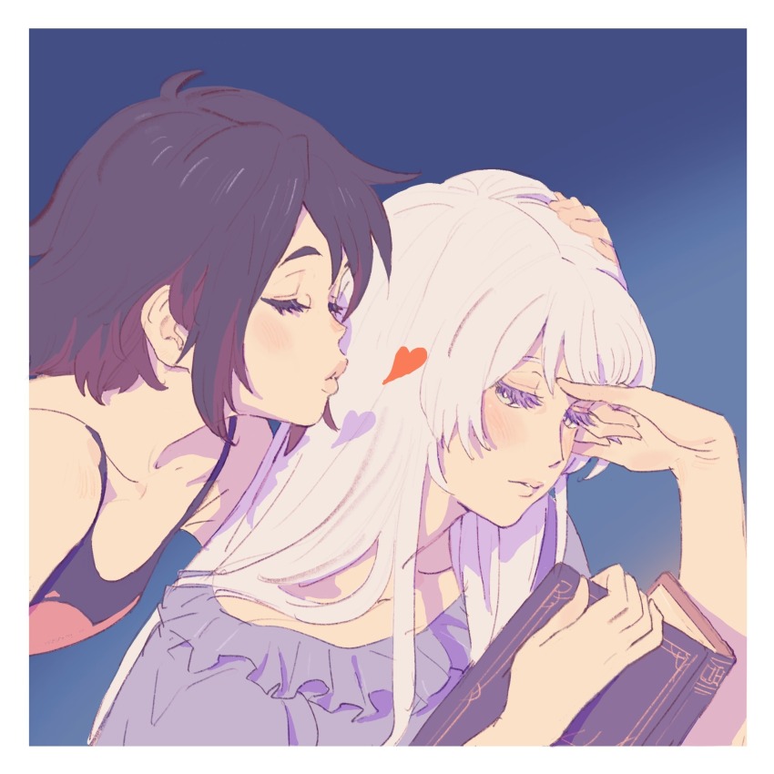 2girls 55bata6rou bare_shoulders black_hair black_shirt blowing_kiss blue_background book border closed_eyes closed_mouth collarbone eyelashes hair_down half-closed_eyes hand_on_another&#039;s_head heart highres holding holding_book long_hair looking_at_another looking_back multiple_girls open_book outside_border ruby_rose rwby shirt short_hair simple_background sleeveless sleeveless_shirt upper_body weiss_schnee white_border white_hair yuri