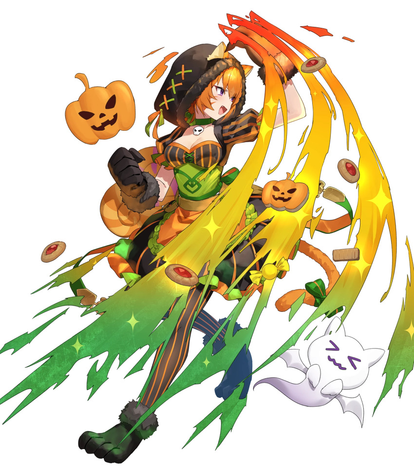1girl animal_ears apron attack black_dress black_gloves black_hood breasts candy cat_ears cat_girl cat_tail cleavage dress fire_emblem fire_emblem:_path_of_radiance fire_emblem:_radiant_dawn fire_emblem_heroes food gloves glowing glowing_hand highres hood lethe_(fire_emblem) lethe_(halloween)_(fire_emblem) lollipop medium_breasts nintendo non-web_source official_alternate_costume official_art open_mouth orange_apron orange_hair pantyhose puffy_short_sleeves puffy_sleeves purple_eyes short_hair short_sleeves skull_choker slashing smile solo striped_clothes striped_dress striped_leggings tail v-shaped_eyebrows vertical-striped_leggings