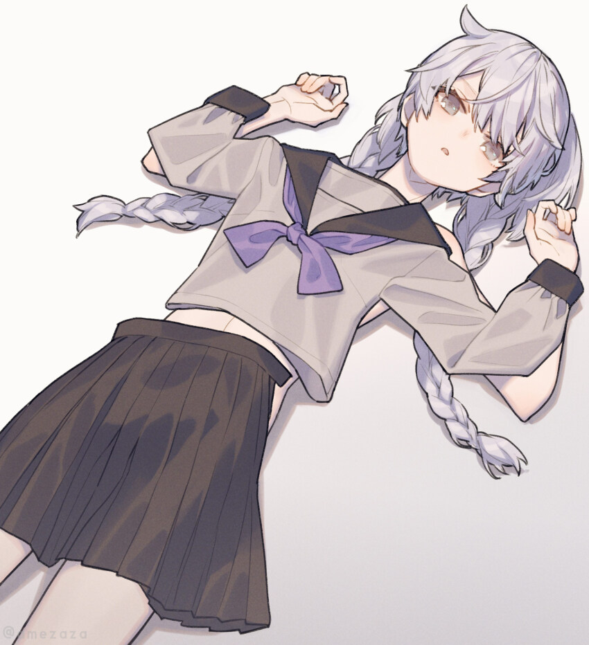 1boy amezaza black_skirt braid crossdressing crossdressing_(mtf) grey_eyes grey_serafuku highres juusan_kihei_bouei_ken long_sleeves lying male_focus neckerchief okino_tsukasa on_back pleated_skirt purple_neckerchief sailor_collar school_uniform serafuku shirt side_ahoge skirt solo trap twin_braids unworn_clothes unworn_shirt unworn_skirt unworn_wig white_hair wig