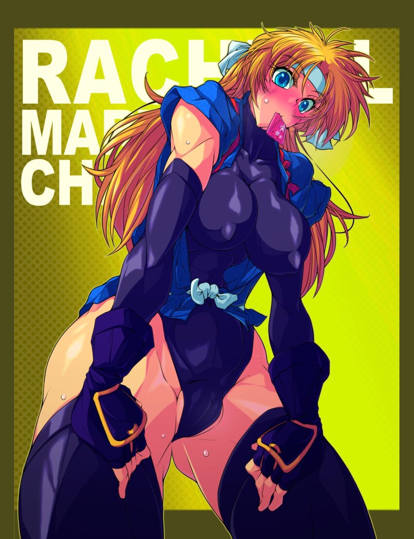 1girl abs blonde_hair blue_eyes blush breasts condom condom_in_mouth covered_erect_nipples covered_navel fingerless_gloves gloves hand_on_own_hip hands_on_legs hands_on_own_legs hands_on_own_thighs hands_on_thighs headband highres japanese_clothes konami large_breasts leotard long_hair looking_at_viewer martial_champion mouth_hold racheal solo sweat thick_thighs thighhighs thighs yoshitsuki