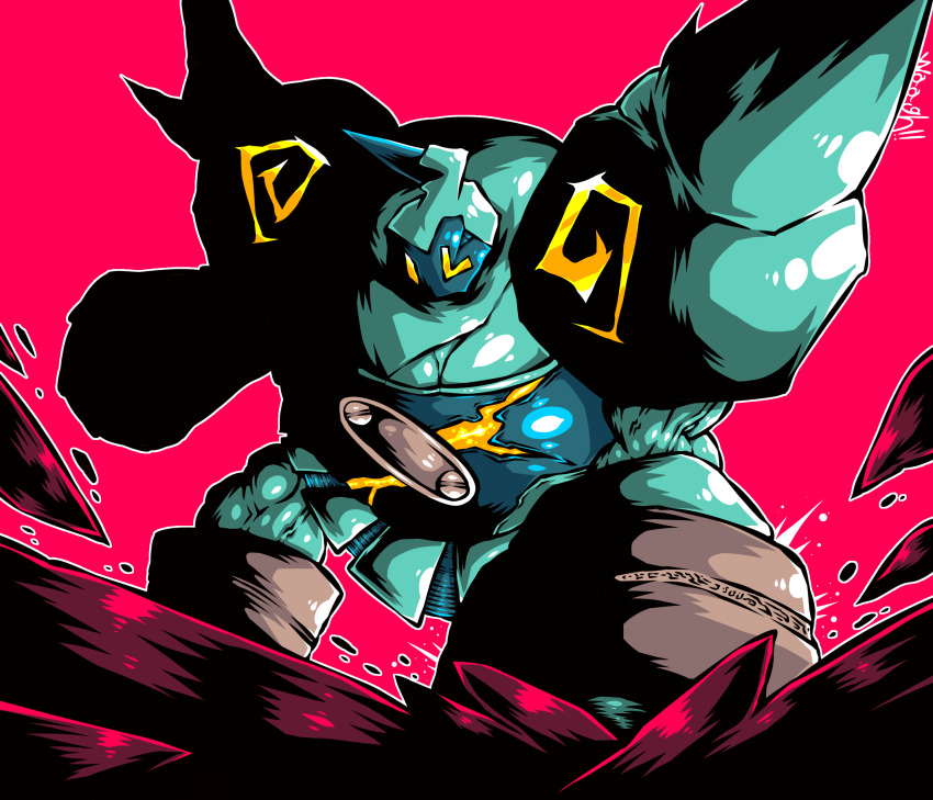 absurdres bidul_(bidul72476120) clenched_hands from_below gen_5_pokemon golem golurk highres looking_at_viewer nintendo no_humans pokemon pokemon_(creature) punching red_background simple_background solo yellow_eyes