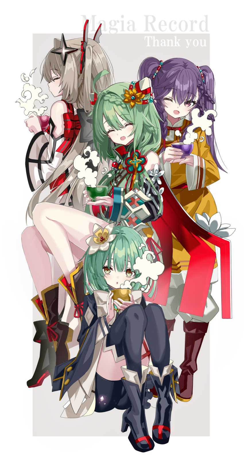 4girls ;) ^_^ absurdres ahoge black_boots blowing boots braid closed_eyes cup detached_sleeves dolma_(madoka_magica) double_bun flower green_hair grey_hair hair_bun hair_flower hair_ornament heruka_(madoka_magica) highres holding holding_cup irina_kush long_sleeves magia_record:_mahou_shoujo_madoka_magica_gaiden mahou_shoujo_madoka_magica multiple_girls natsume_kako one_eye_closed parted_lips purple_eyes purple_hair ribbon shino_(eefy) simple_background smile steam teacup thank_you thighhighs tunic twintails wide_sleeves yellow_tunic