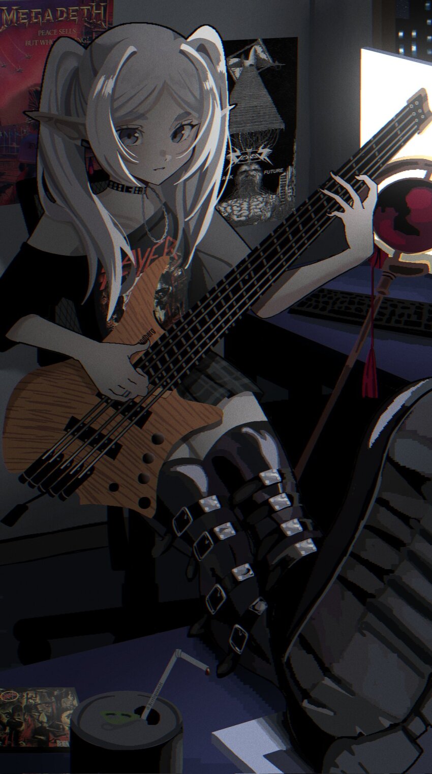 1girl 5-string_bass_guitar alternate_costume anachronism bass_guitar black_choker black_footwear black_shirt black_skirt boots can choker commentary contemporary crossed_ankles drink_can electric_guitar english_commentary frieren green_eyes guitar heavy_metal highres holding holding_guitar holding_instrument indoors instrument irreligiositat looking_at_viewer mage_staff megadeth music night off-shoulder_shirt off_shoulder parted_bangs playing_bass_guitar playing_instrument pleated_skirt poster_(object) print_shirt screen_light shirt sidelighting skirt slayer_(band) soda_can sousou_no_frieren staff thick_eyebrows twintails v-shaped_eyebrows vektor_(band) window