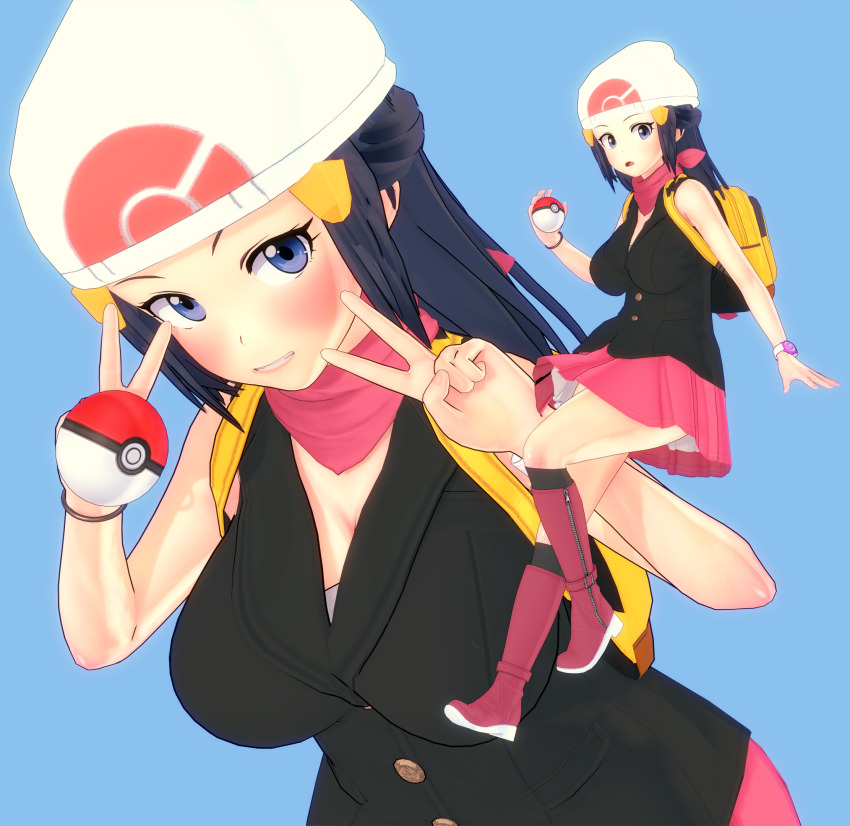 3d alternate_breast_size artist_request bag beanie black_shirt black_socks blue_eyes blue_hair boots bracelet breasts creatures_(company) dawn_(pokemon) dot_nose duffel_bag eyelashes floating_hair floating_scarf full_body game_freak gold_bracelet hair_ornament hairclip hand_on_own_hip hand_up hat highres holding holding_poke_ball jewelry knee_boots kneehighs knees long_hair looking_at_viewer medium_breasts miniskirt multiple_views nintendo pink_footwear pink_scarf pink_skirt poke_ball poke_ball_(basic) poke_ball_print pokemon pokemon_dppt poketch scarf shiny_skin shirt sidelocks simple_background skirt sleeveless sleeveless_shirt smile socks standing thighs v watch white_background white_hat wide_hips wristwatch yellow_bag