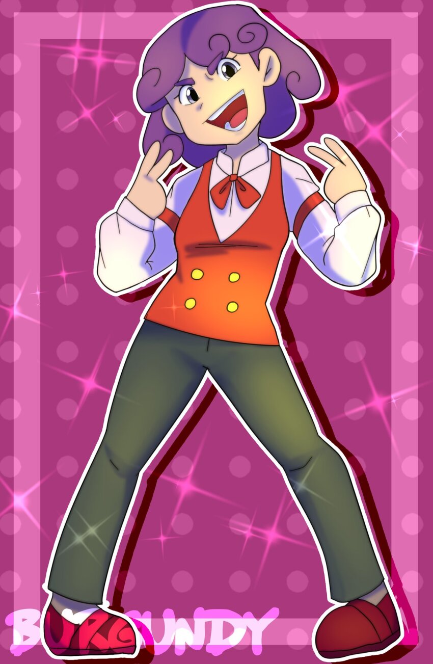 1girl bow bowtie burgundy_(pokemon) character_name curly_hair double_v drop_shadow highres nintendo outline pants pokemon pokemon_(anime) pokemon_bw_(anime) pokemon_sommelier pokeysoda purple_eyes purple_hair red_vest short_hair sleeve_garter thick_eyebrows traditional_bowtie v vest white_outline