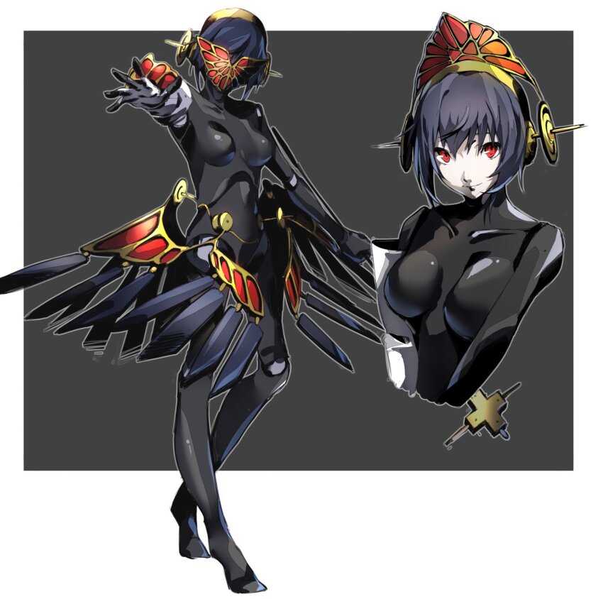 1girl android black_hair breasts closed_mouth covered_collarbone full_body highres looking_at_viewer mask metis_(persona) nakano_maru persona persona_3 persona_3_the_answer red_eyes short_hair smile solo weapon