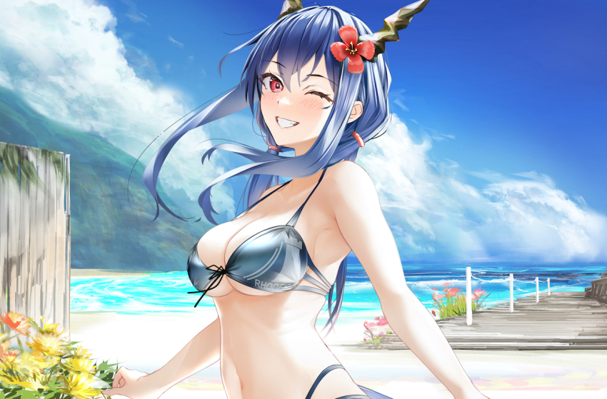 1girl ;d anniversary arknights artist_name bare_arms bare_shoulders beach blue_hair blush breasts ch&#039;en_(arknights) ch&#039;en_the_holungday_(arknights) ch&#039;en_the_holungday_(elite_ii)_(arknights) cleavage commentary_request dragon_girl dragon_horns dragon_tail elite_ii_(arknights) flower grin hair_flower hair_ornament hibiscus horns large_breasts long_hair looking_at_viewer low_twintails navel ocean official_alternate_hairstyle one_eye_closed open_mouth parted_lips petals red_eyes red_flower skindentation smile solo sparkle stomach tail teeth twintails twitter_username underboob upper_body wading water yokaze_(yokajie)