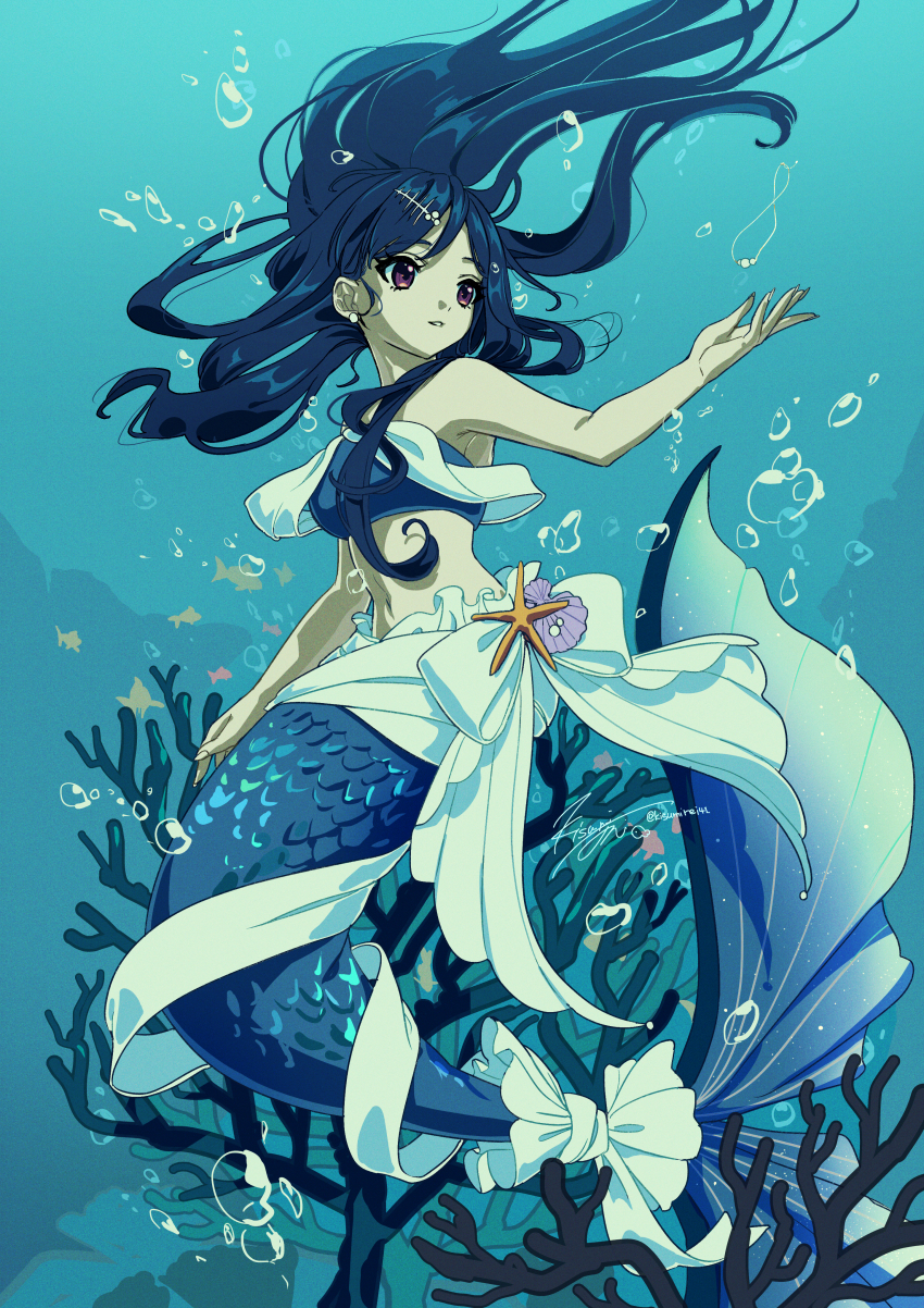 1girl absurdres air_bubble blue_bra blue_hair blue_theme bra bubble clam_shell colored_skin coral_reef denonbu earrings floating_hair full_body green_skin hair_ornament hairclip hand_up highres jewelry kisumi_rei long_hair mermaid monster_girl ocean parted_lips pearl_earrings pendant red_eyes ribbon scales seafloor shinonome_kazune solo strapless tube_top underwater underwear white_ribbon